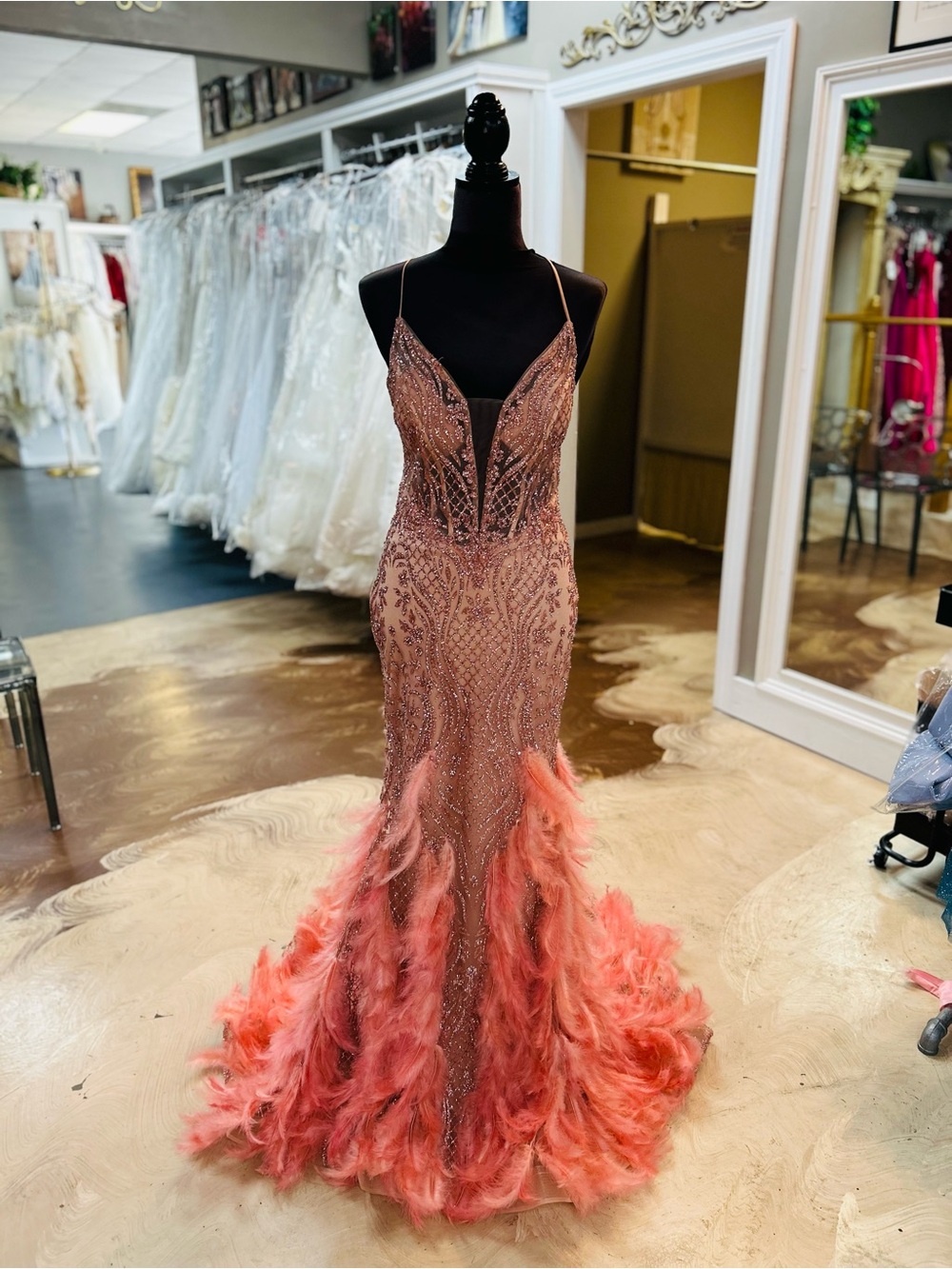 Coral Feather-Trim Beaded Spaghetti Strap Prom Dress